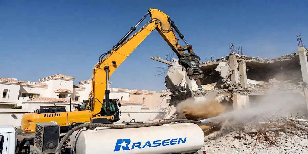 Demolition site overview in Sharjah showing SEWA disconnection points