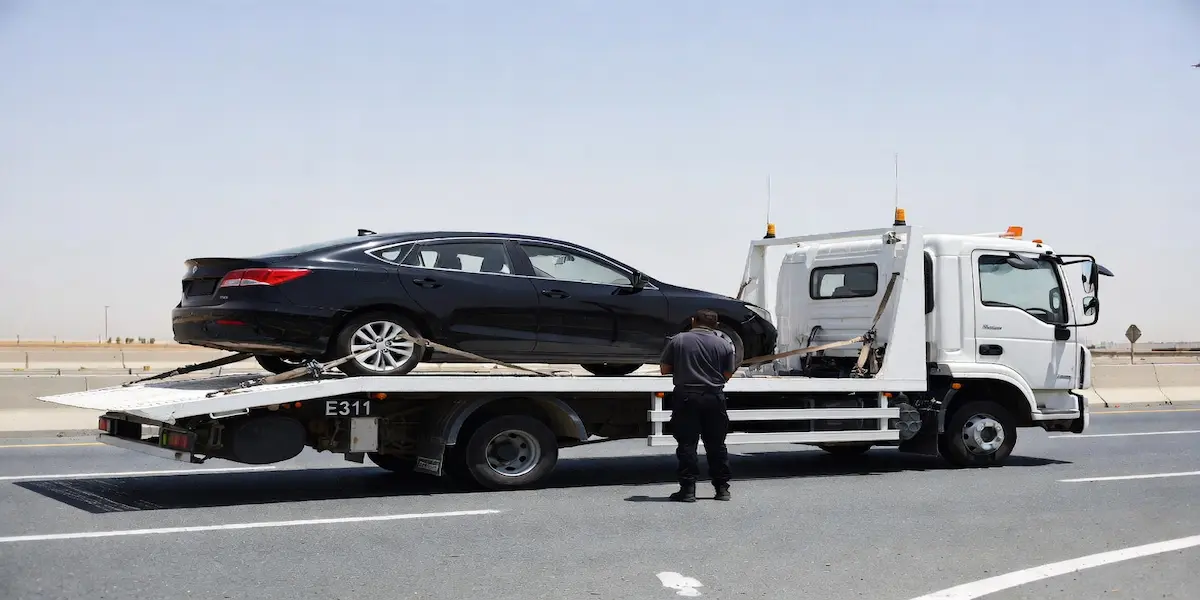 Raseen recovery truck on the E311 road in Sharjah