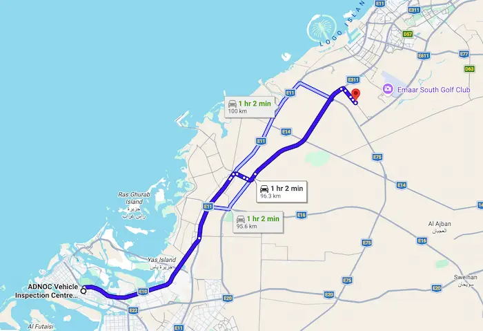 Google Maps route for car recovery from Abu Dhabi Muroor to Dubai Industrial City via E311, 1 hour 5 minutes