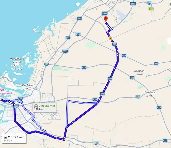 Google Maps route for car recovery from Abu Dhabi Muroor to Dubai Industrial City via E75, 2 hours 27 minutes