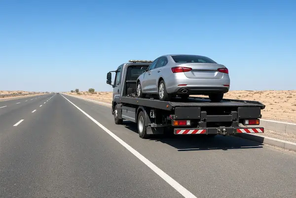 Sedan delivered after car recovery from Abu Dhabi Muroor to Dubai Industrial City via E311