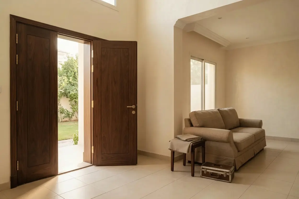 Villa Door, UPVC & Sofa Restoration — Al Nahda, Sharjah Wooden villa door repair and sofa reupholstery in progress, Al Nahda, Sharjah