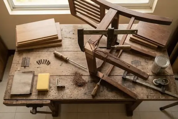 Furniture Repair & Restoration - Raseen UAE Carpenter repairing a wooden dining table leg, Ajman