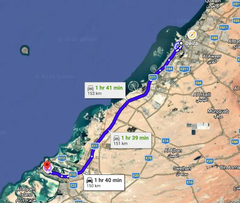 Google Maps route from Hor Al Anz East Dubai to Downtown Abu Dhabi via E11